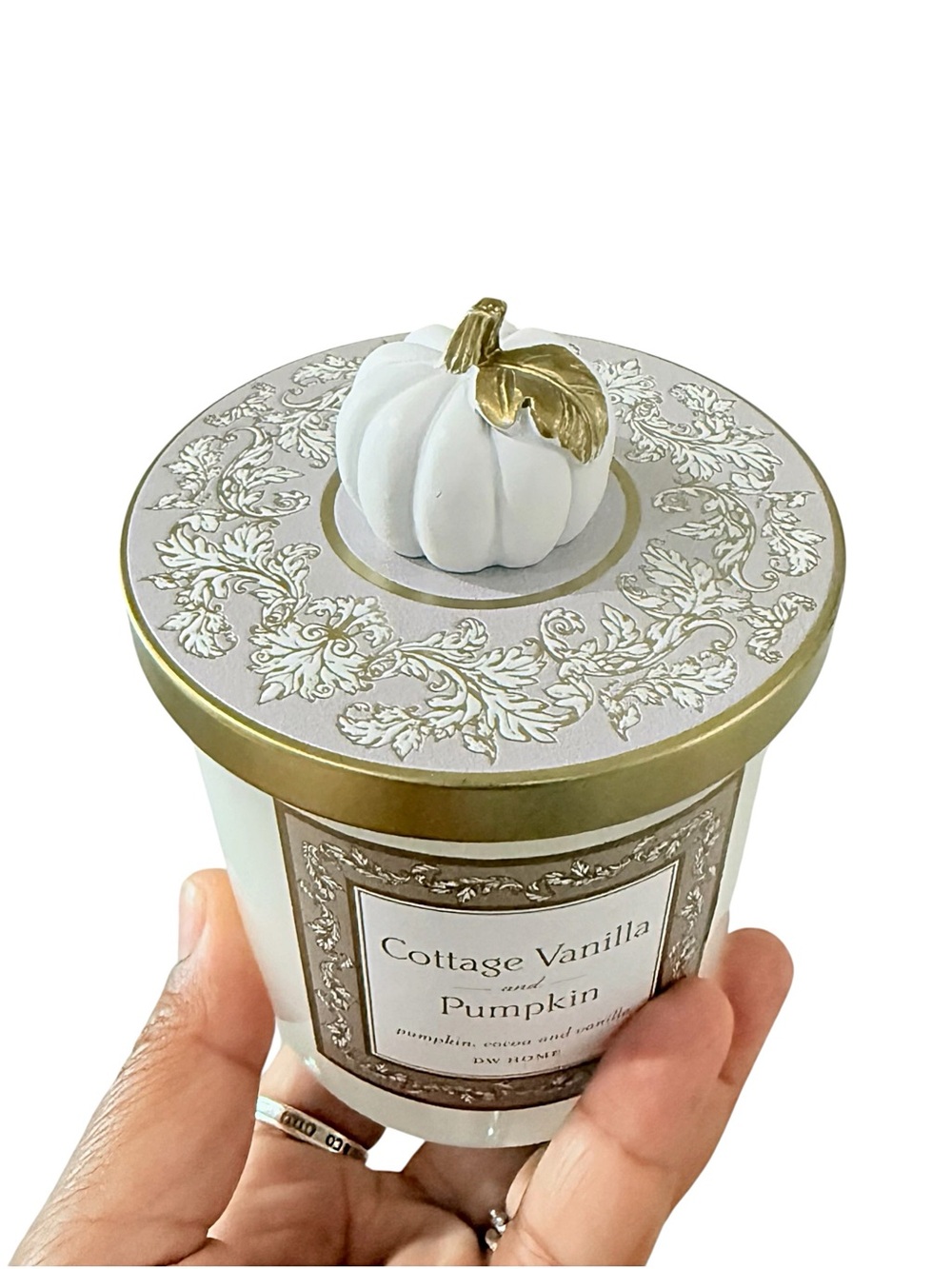 DW Home Cottage Vanilla & Pumpkin Luxury Scented Candle - White with Gold Accent - Picture 4 of 7